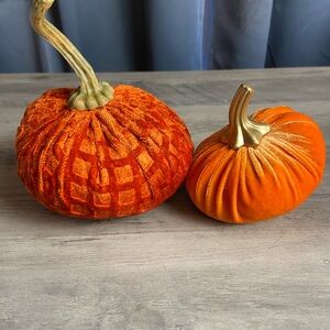 2 Orange Crushed Velvet Stuffed Pumpkins- Fabric‎ Stuffed Pumpkins Fall Decor